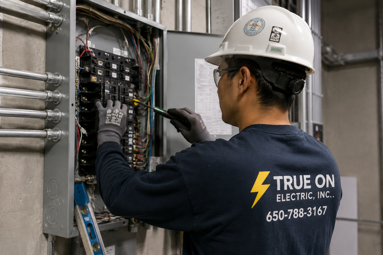 Electrician working on electrical panel